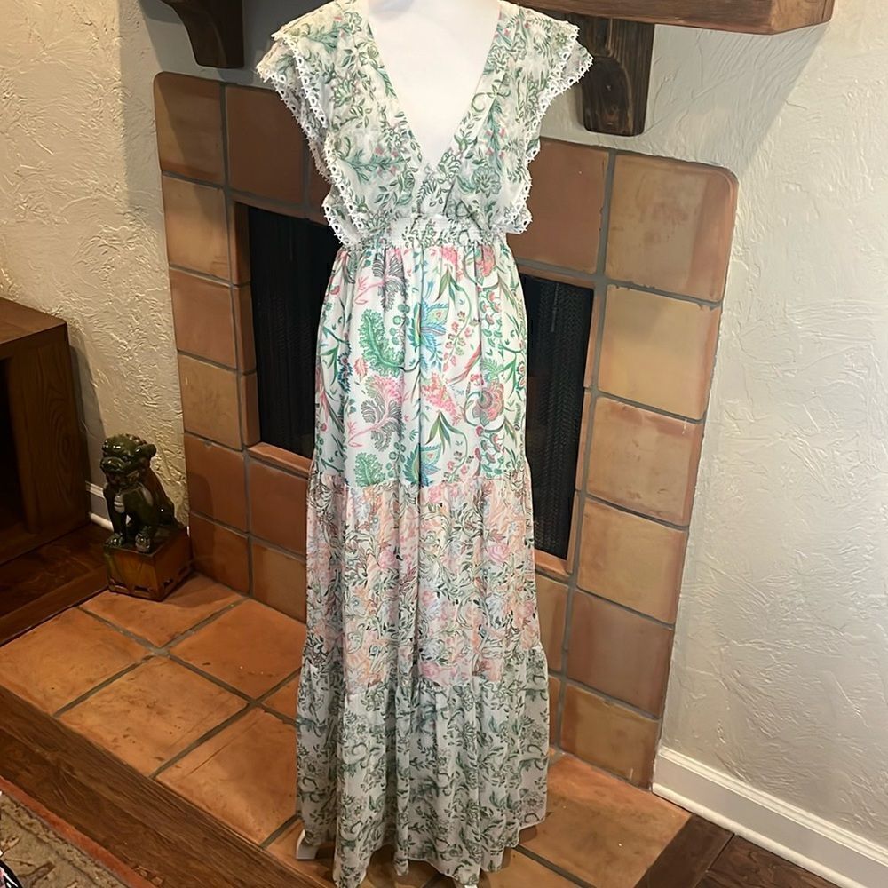 House Of Harlow 1960 x Revolve Tiered Ruffle Paisley Maxi Dress, size LARGE